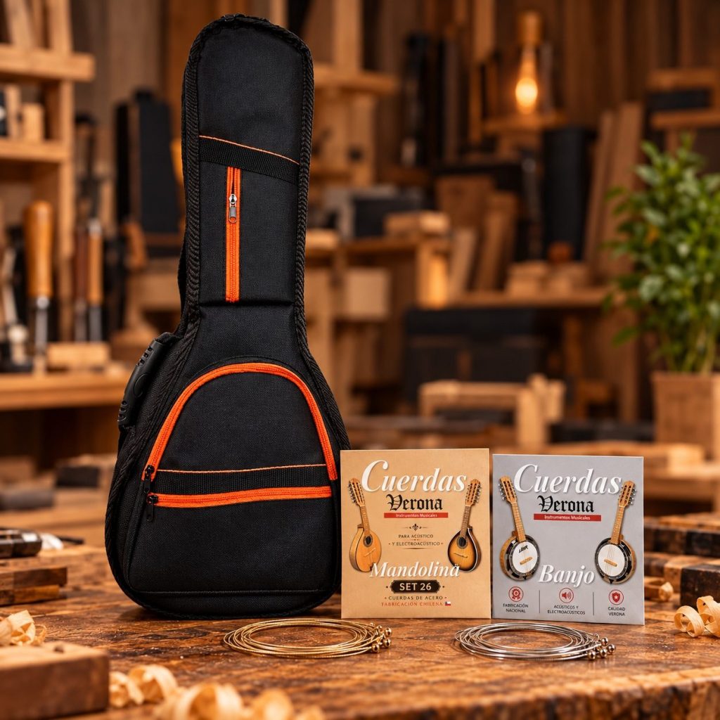 Funda para mandolina y encordados Verona para mandolina y banjo sobre una mesa de taller