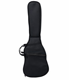 Funda acolchada para bajo eléctrico tipo mochila negra, vista frontal con bolsillo exterior