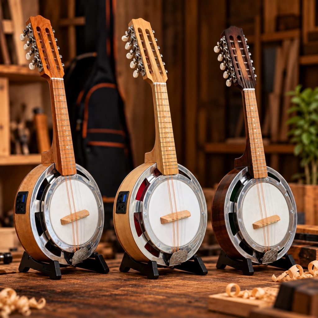 Tres banjos Verona de doble plato en un taller