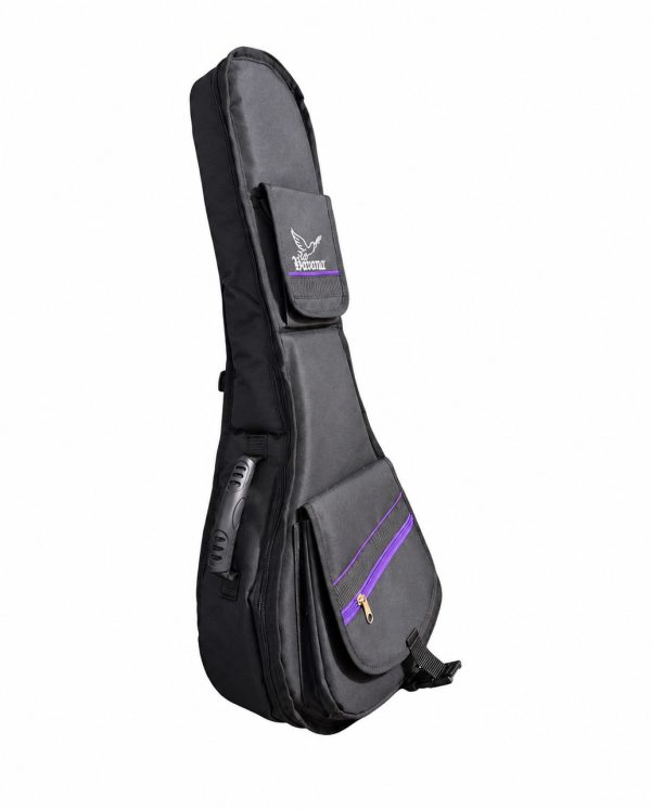Funda para mandolina y banjo negra con lila extra acolchada 15 mm tipo mochila vista frontal